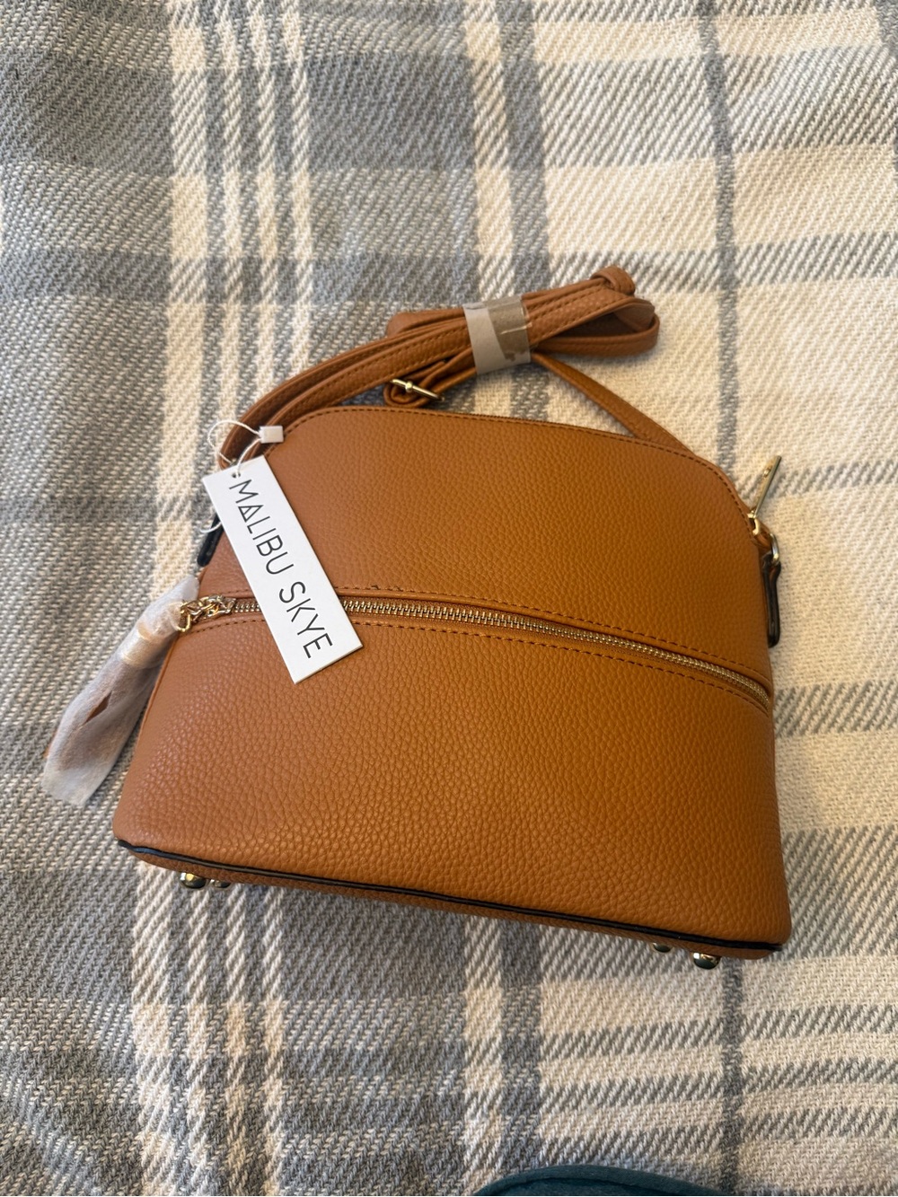 Pebbled Tan Crossbody Bag with Exterior Zip Pocket